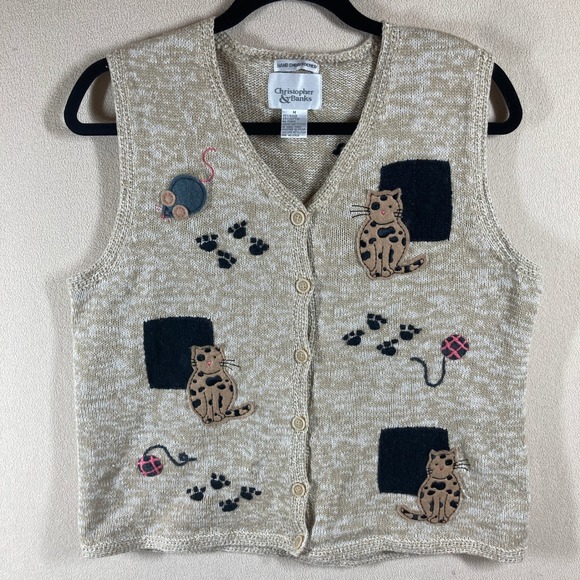 Vtg Christopher & Banks Hand Embroidered Cat Vest Sz M Tan/Brown Artsy Novelty - Picture 1 of 7